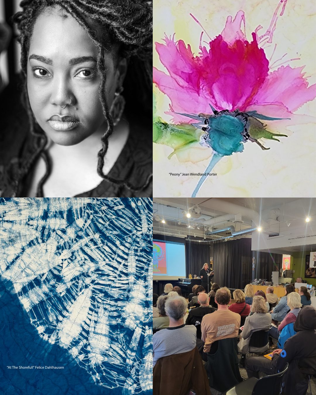 Collage of a woman, art, and a group of people sitting in a room listening to poetry