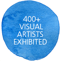 Blue circle with text that reads "400 plus visual artists exhibited"