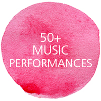 Magenta Circle with text that reads "50 plus music performances"