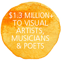 Orange circle with text that reads "Over 1.3 million to visual artists, musicians and poets