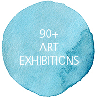 Blue circle with text that reads "90 plus art exhibitions"